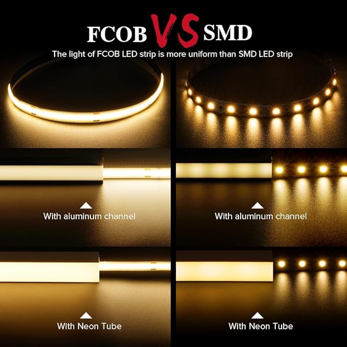 BTF-LIGHTING FCOB COB LED Strip 8W/m 16.4FT DC24V Warm White 3000K Flexible High Density Uniform Light CRI 90+ 8mm Width LED Ribbon Black PCB for Indoor Decor(No Adapter or Controller)
