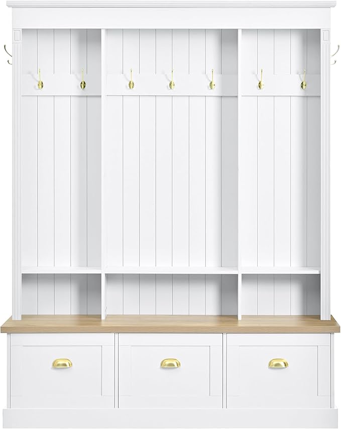 LUMISOL Hall Tree with Storage Bench and Shoe Storage, Coat Rack with Shelves and 9 Hooks, LED Light Entryway Bench with 3 Large Cabinets, for Entrance Mudroom Living Room, White