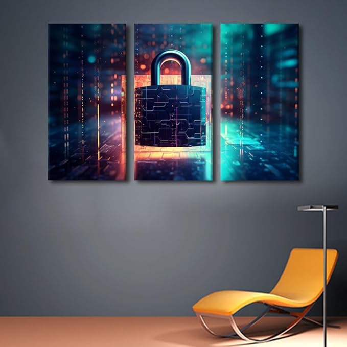 TUMOVO 3 Panel Cyber Security and Data Protection Concept Pictures Print On Canvas for Home Office Hotel Wall Decorations, Internet Security Artwork Stretched Framed Ready to Hang, 60" Wx40 H