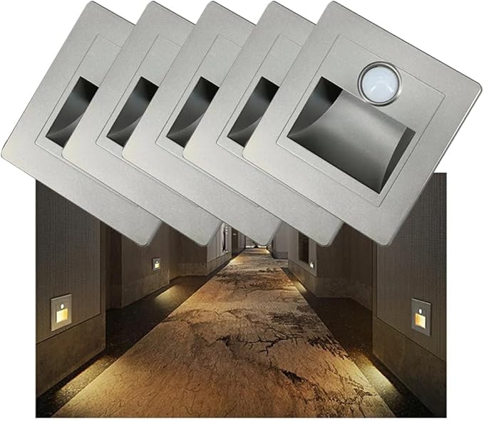 Motion Sensor Stair Lights 3W 3000K Recessed LED Step Light Indoor Stair Step Wall Lamp Staircase Bedroom Decoration 5Pcs Silver