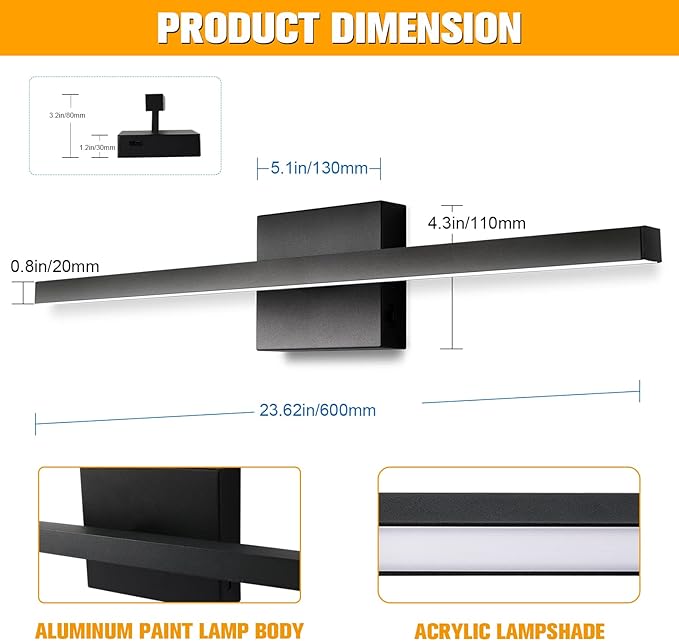 NIORSUN 23.6 inch Black Bathroom Vanity Light,14W 5CCT Dimmable LED Bathroom Lighting Fixtures Over Mirror, Modern Vanity Lights for Bathrooms Restroom Mirror- ETL Certified