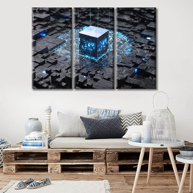 TUMOVO CPU Concept Poster Artwork Black and White Wall Art 3 Panels Computer Processors CPU Wall Decor Living Room CPU for Bedroom DecorFramed Ready to Hang (36" Wx24 H)
