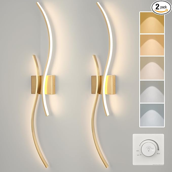 CANEOE Modern Wall Sconce Set of, 5CCT Dimmable Indoor Led Wall Sconce Lighting Set of 2, 31.5 Inch Wall Light Fixtures, Gold Led Wall Lamps for Living Room Bedroom Bathroom Hallway