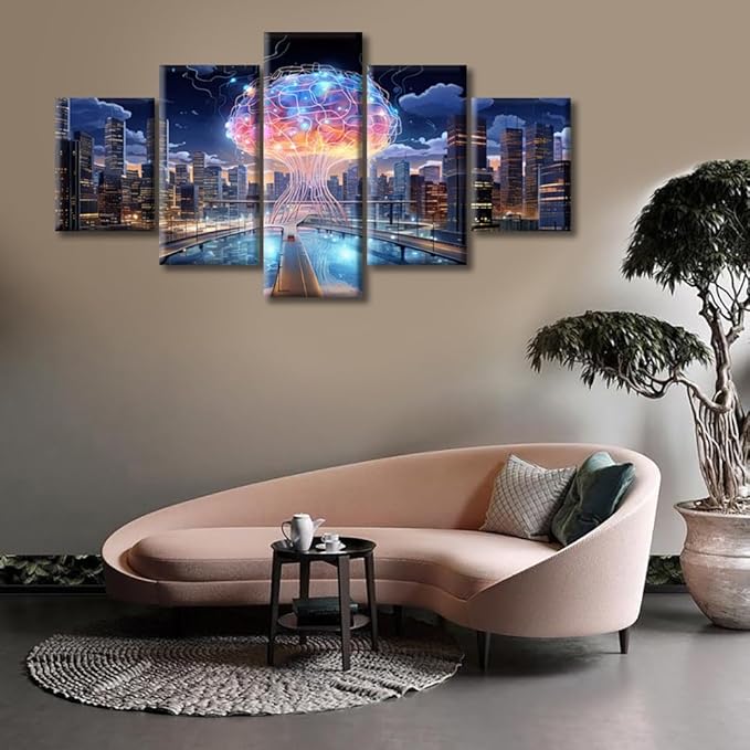 5 Panels Human Brain Energy Modern Wall Art Artificial Intelligence Concept Artwork Print On Canvas Bedroom Wall Art Human Brain Energy Pictures for Living Room Framed Ready to Hang, (60"Wx32"H)