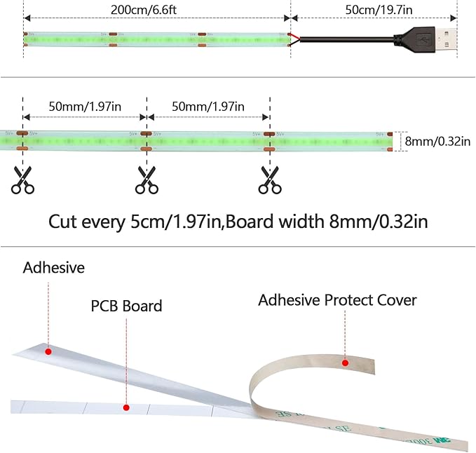 DC 5V USB COB Ice Blue LED Strip Light Dimmable USB Powered 6.6ft/2M IP65 Waterproof 640LEDs with Dimmer High Brightness Flexible LED Tape Lights