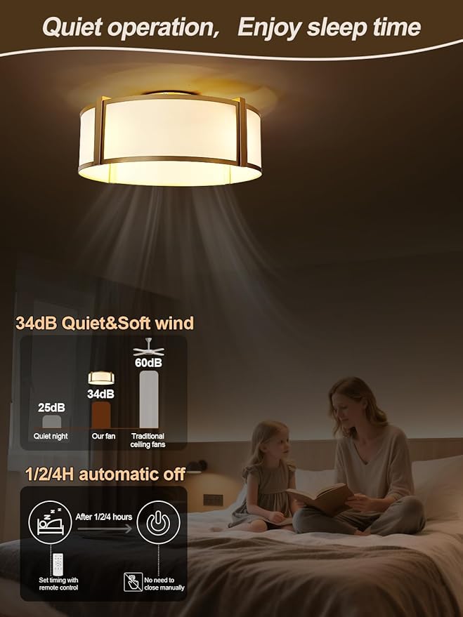 Gold Caged Ceiling Fan with Light, 20" Flush Mount Boho Ceiling Fans with Lights Remote Control, Low Profile Fabric Bladeless with 6 Speeds for Bedroom, Nursery, Living Room