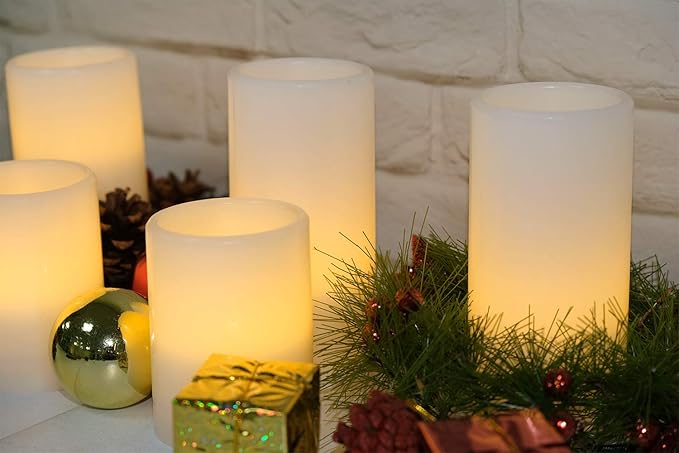 Eldnacele Flameless Flickering Candles Battery Operated Real Wax White Color with 8 Hours Timer for Christmas Home Decoration and Parties Set of 6(3"x 4", 3"x 6")