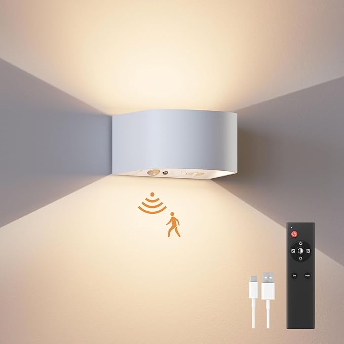 FULEN Motion Sensor Wall Light with Remote Control 3 Colors Wireless Wall Lamp LED Indoor Up and Down Wall Sconce 5000mAh Rechargeable Battery Powered Wall Lamps Brightness Adjustable, White 1 Pack