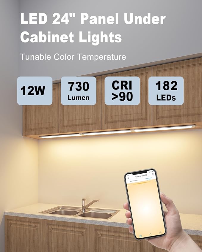 MYPLUS 24" Under Cabinet Lights Panel, Super Bright Under Counter Lighting with 182 LEDs,Warm White,Cool White and Daylight, ETL Listed, Ideal for Kitchen, Cupboard, Workbench, Desk
