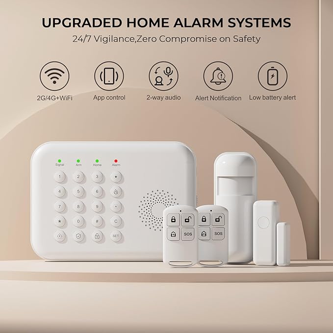 LWOHSI Home Security Systems,Wireless DIY Burglar Alarm Kits,Smart Home Alarm System with Window/Door Sensor,PIR Motion Detector,Voice Control with Alexa and Google,4G SMS/Tuya App Alerts (A01F-US-D)