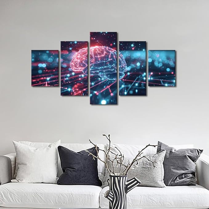 5 Panel Futuristic Technology Canvas Paintings Wall Art Digital Human Brain Picture House Decorations Bedroom Art Work for Wall Decor Living Room Kitchen Home Decor Frame Ready to Hang 60"Wx32"H