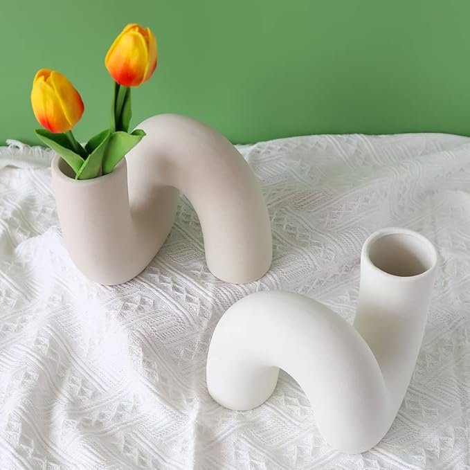 White Ceramic Flower Vase for Decor,Modern Minimalist Abstraction Vases,Farmhouse Decorative vase for Centerpieces,Kitchen,Office, Living Room,Wedding Floral Decoration (White)