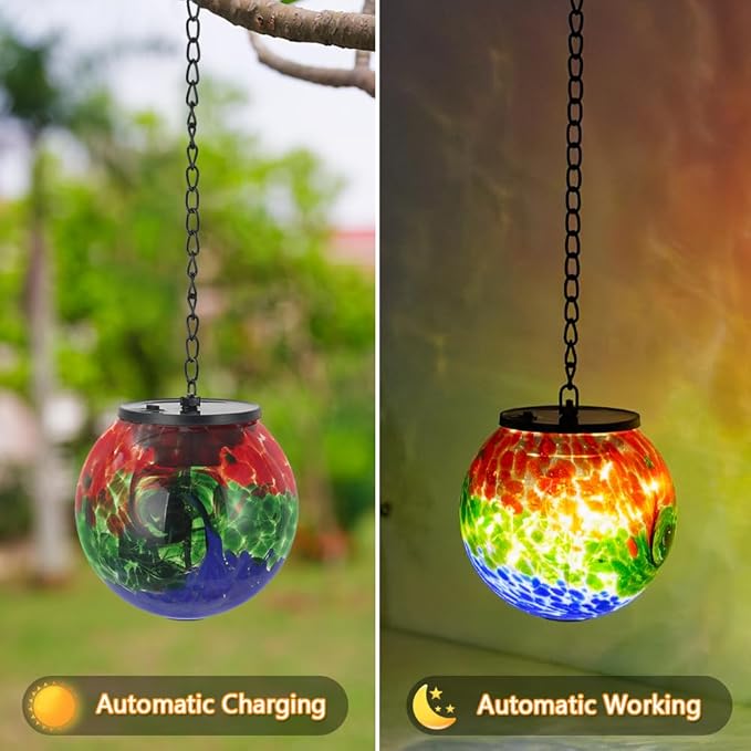 Solar Hanging Lanterns Outdoor, Waterproof Gazing Ball Lights, Hanging Glass Globe Light for Garden Yard Tree Home Xmas Decor,Green Splash-Ink