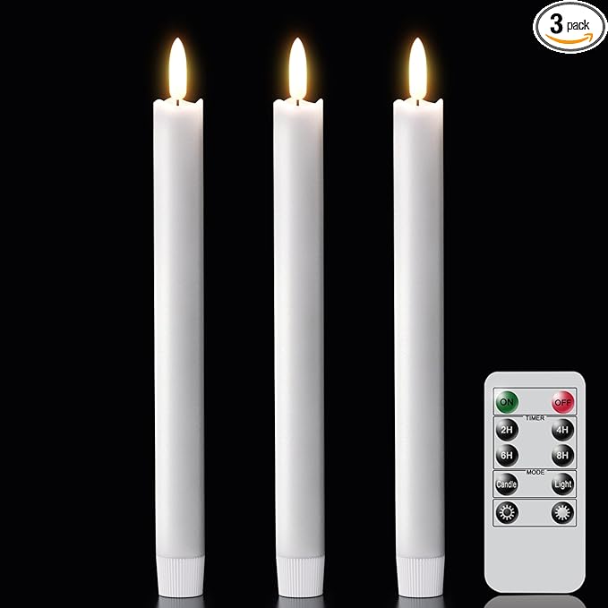 GenSwin Flameless White Taper Candles Flickering with 10-Key Remote, Battery Operated Led Warm 3D Wick Light Window Candles Real Wax Pack of 3, Christmas Home Wedding Decor(0.78 X 9.64 Inch)