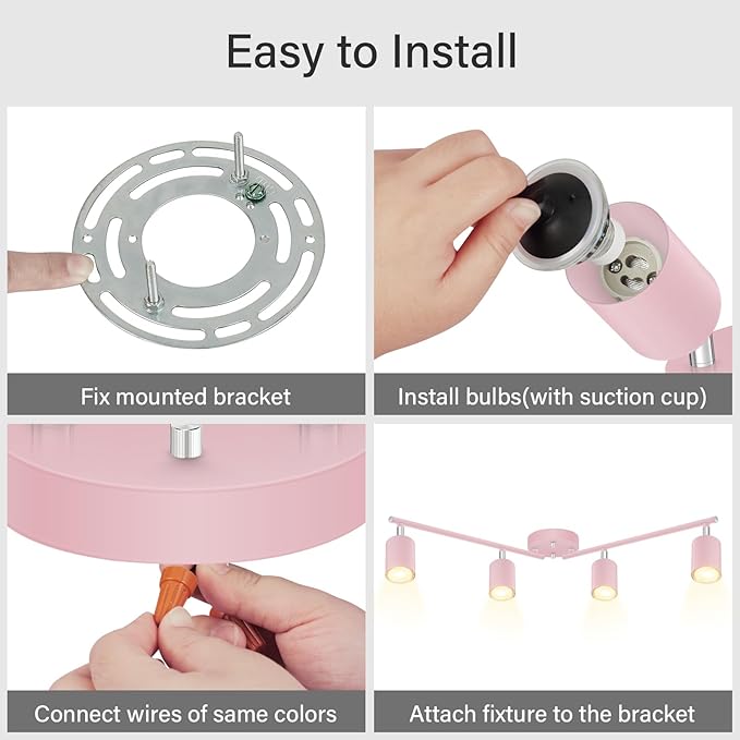 BoostArea LED 4 Light Track Lighting Kit, Pink 4 Way Ceiling Spot Lighting, Flexibly Rotatable Light Head for Kitchen, Living Room, Bedroom, Bulb Not Included