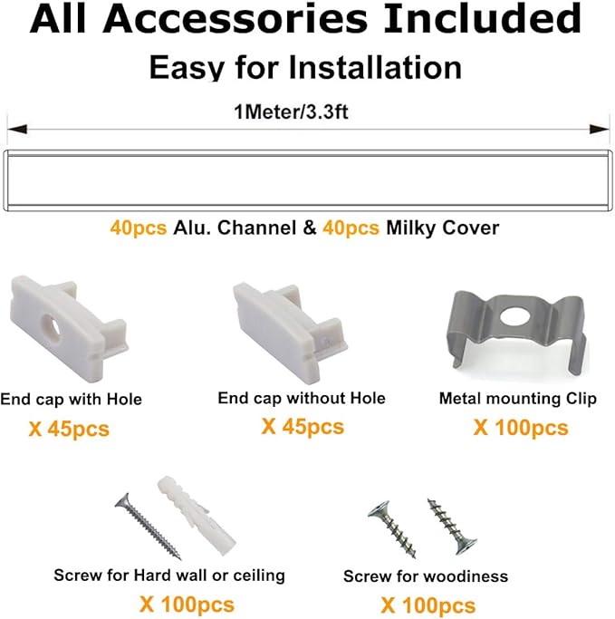 hunhun 40-Pack 3.3ft/1Meter U Shape LED Aluminum Channel System with Milky Cover, End Caps and Mounting Clips, Aluminum Profile for LED Strip Light Installations, Very Easy Installation