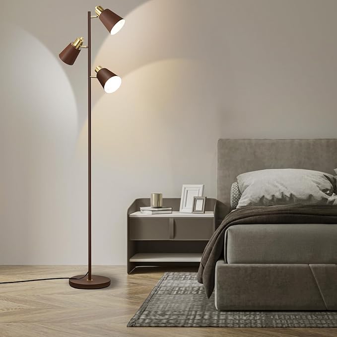 Tree Floor Lamp for Living Room, Industrial 3-Light Standing Lamp with 3 LED Bulbs, Adjustable Rotation Heads, Standing Tall Pole Lamp Farmhouse Rustic Reading Lamps for Bedroom Office (Brown)