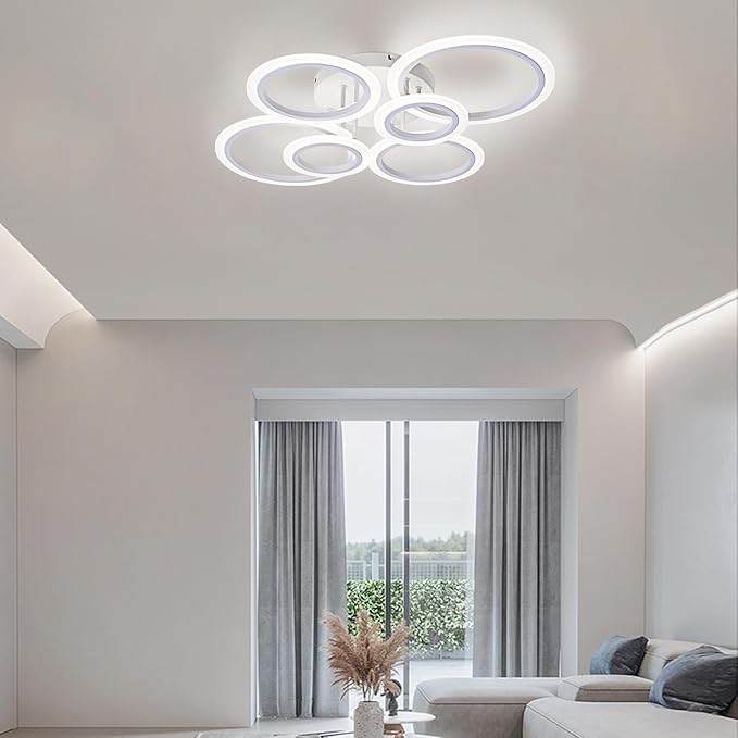 Vikaey Modern LED Flush Mount Ceiling Light, 6 Rings White Close to Ceiling Light Fixtures, Living Room Lighting Fixture Ceiling Lamp for Kitchen, Bedroom, Laundry Room, 4000K Not Dimmable
