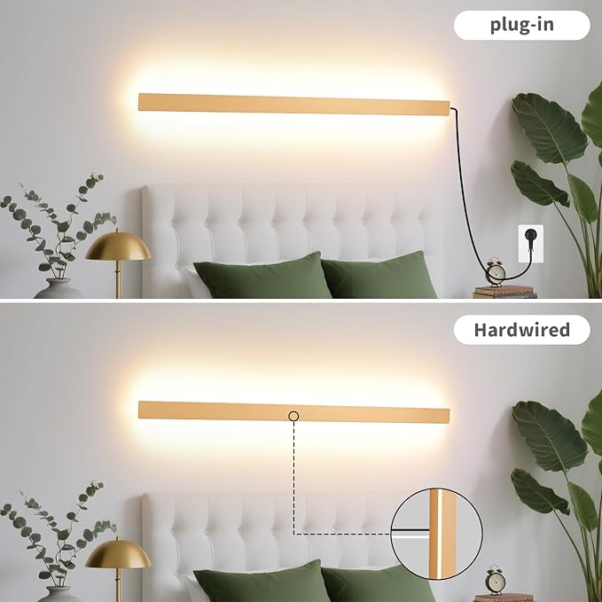 Modern Plug in Long Wall Sconce, 39" Gold Matte LED Wall Lights, 20W Warm White 3000K Acrylic Indoor Wall lamp, with 59" Plug Cable for Bedroom, Living Room, Hallway