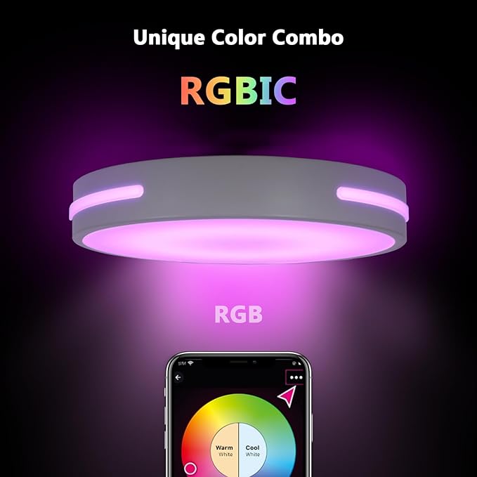 RGBIC LED Smart Flush Mount Ceiling Light, Flush Mount Light Fixture with Remote Control WiFi, Works with Alexa DIY Colors, 3000-5000K Dimmable Ceiling Light for Bedroom Living Room Entryway