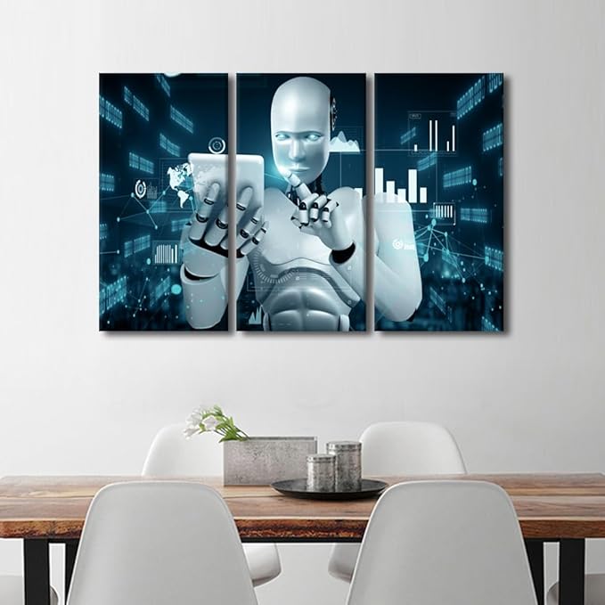 Banquet Art Prints for Wall Decor 3 Pieces Framed Wall Art AI Intelligence Modern Artwork for Home Walls Robot Canvas Prints Room Wall Decor Framed Ready to Hang Posters, 60" Wx40 H