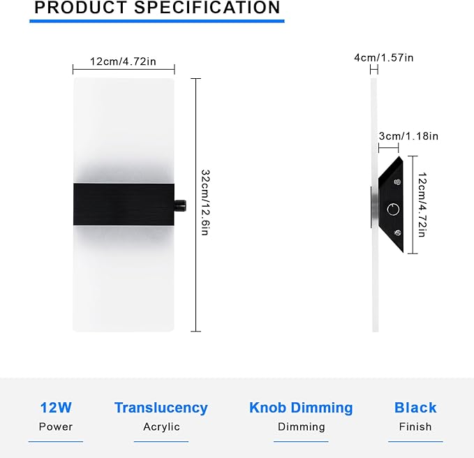 Lightess Indoor Wall Sconces with Switch, Modern LED Wall Lights Set of Two, 12W Hardwired Acrylic Dimmable Wall Light Fixtures for Bedroom Hallway Living Room, Cool White, 2 Pack