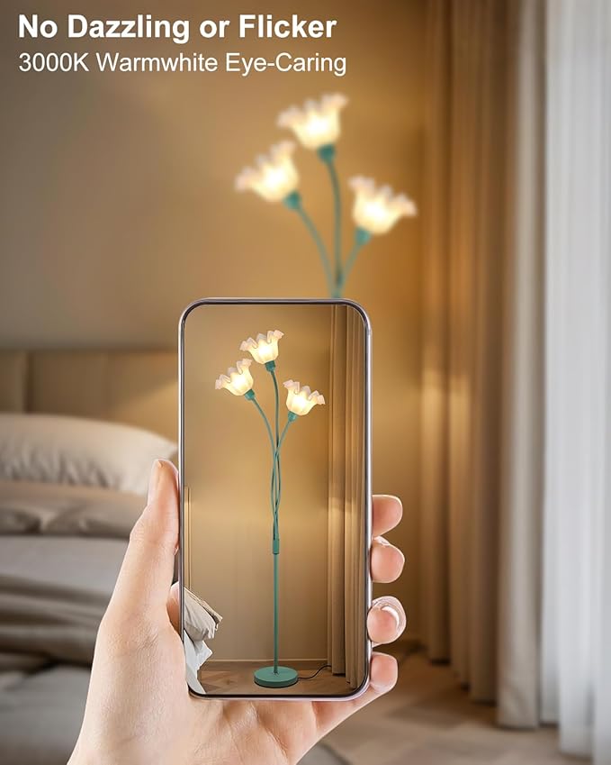 Flower Floor Lamp for Living Room, Modern Tree Floor Lamp with Adjustable Heads, 3 Light 3000K Soft Warmwhite Mid Century Standing Tall Lamp for Bedroom Kids Room-Green