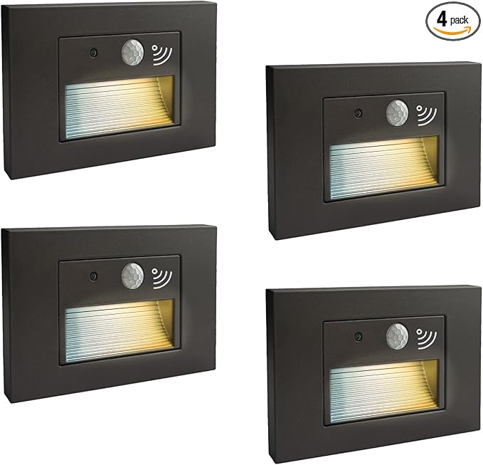 4-Pack Horizontal LED Step Lights, Motion Sensor & Dusk to Dawn, IP65 Waterproof, 3000K-5000K Adjustable, Anti-Glare Louvered, 3W 120V Stair Lights Indoor Outdoor, Bronze, ETL Certified
