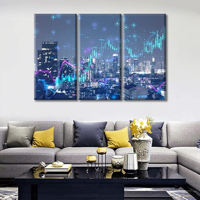 TUMOVO Home Decor Night City Skyline Digital Financial Stock Market Chart Paintings Wall Art 3 Pieces Rustic Home Decor Posters and Prints Stretched and Framed Ready to Hang (60" Wx40 H)
