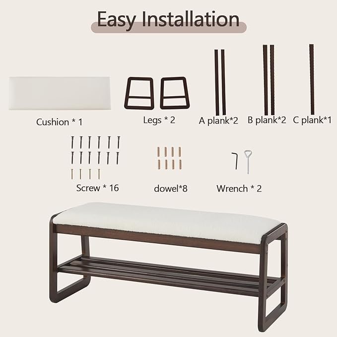 Shoe Rack Bench,2 Tier Solid Wooden Entryway Bench with Shoe Storage, Shoe Rack with Cushion for Living Room, Hallway(Cream White, 39.4")