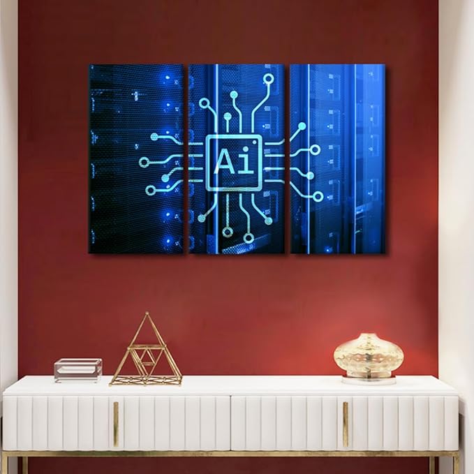 3 Pieces AI Wall Art AI Intelligence Artwork Wall Decor Canvas Wall Art Framed Wall Art Automation Prints on Canvas Wall Paintings AI Posters Home Office Room Wall Decor, 42" Wx28 H