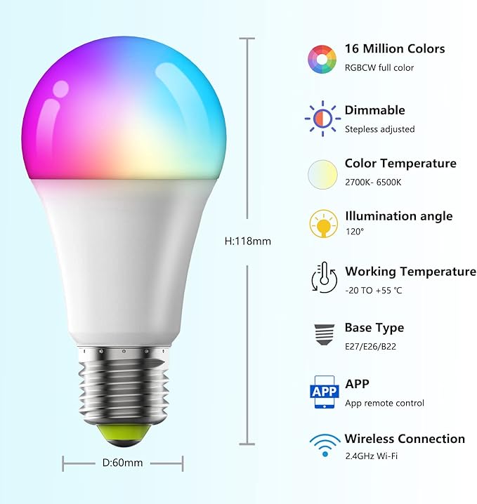 Smart Light Bulbs,Full Color Changing Dimmable LED Bulb,Compatible with Alexa and Google Assistant,UL FCC Certified,2.4GHz WiFi+Bluetooth LED Light Bulbs, Music Sync Smart Home Lighting (4)