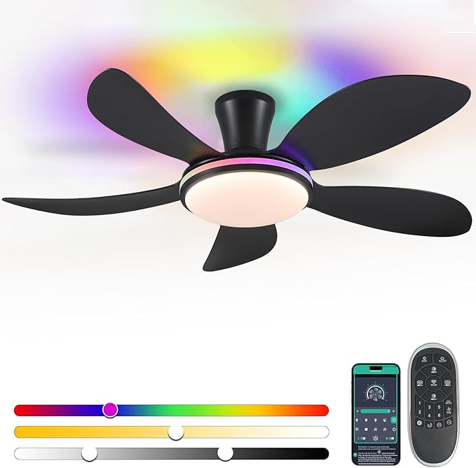 PHORUS 48" RGB Ceiling Fans with Lights and Remote/APP,Black Low Profile Ceiling Fans with Quiet Reversible DC Motor,Modern Flush Mount Fans Light for Bedroom Kids Room