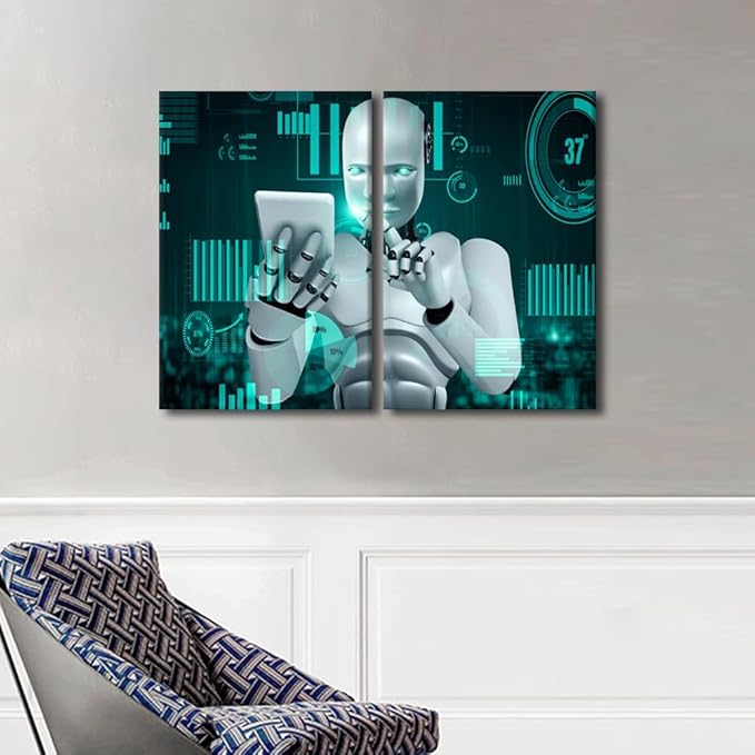 3 Pieces AI Intelligence Wall Art for Living Room Robot Paintings on Canvas Pictures Giclee Artwork Modern Home Decor Framed Stretched Ready to Hang Sports Posters, 24" Wx16 H