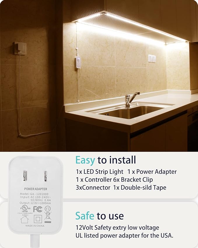 Motion Sensor Led Light Strip - with UL FCC Plug Adapter, Multi-Functional Controller, Dimmer, Timer, Under Cabinet Lights for Indoor Kitchen Stair Showcase Bedroom Corridor Counter 16.4ft Warm White.