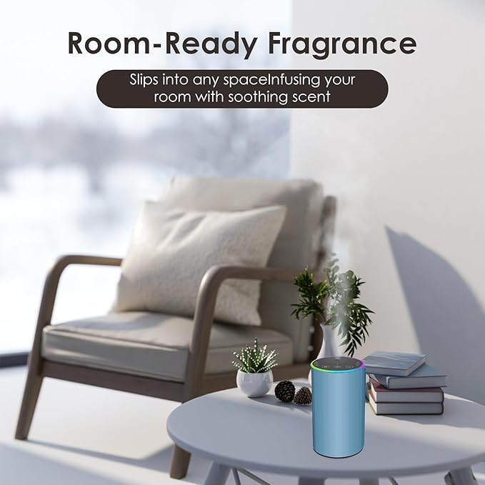 Waterless Essential Oil Diffuser, 7 Colors LED Light, Battery Powered Mini Scent Air Machine, Aromatherapy Mist Diffuser for Home Room Car Office，Black Aluminum Alloy (Blue)