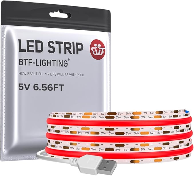 BTF-LIGHTING FCOB USB Powered Red Color COB LED Strip Lights 6.56FT 640LEDs 5V 8mm Width 90+ High CRI Ultra Bright Flexible Light for 3D Printer TV Backlight Display Cabinet PC DIY Decor