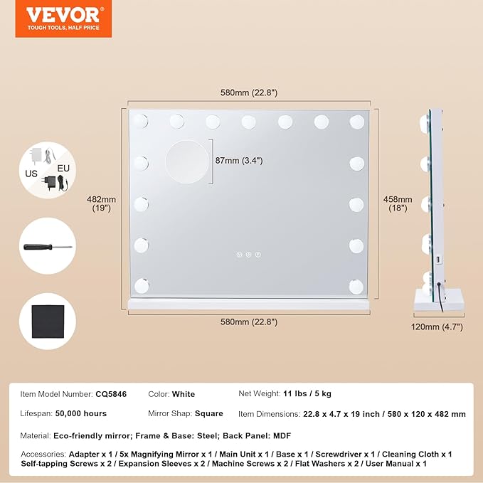 VEVOR Hollywood Vanity Mirror with Lights,15 Dimmable Bulbs &3 Color Lighting Modes, Makeup Mirror w/Detachable 5X Magnification,USB Port,Smart Touch Control,Desktop Wall-Mount(22.8x18.1 in, White)