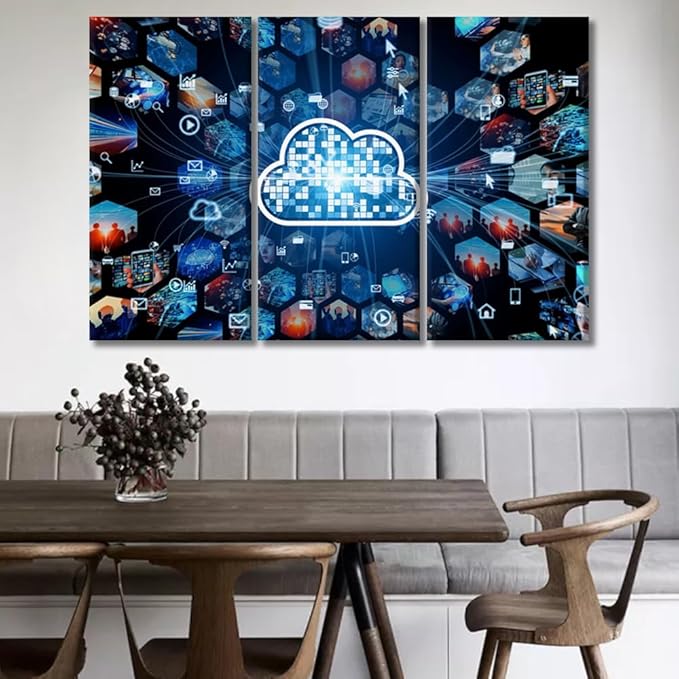 Wall Decor 3 Pieces Cloud Computing Concept Communication Network Posters and Prints, Artwork Giclee Stretched Framed Gallery-Wrapped, 20x40inchx3