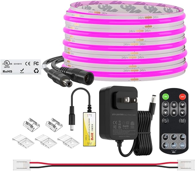 BTF-LIGHTING COB LED Strip Light 24V 16.4FT UL Listed, Purple Color Dimmable High Density Flexible Tape Light with RF Remote & ETL Power Adapter, Ultra Bright for Bedroom Kitchen Home Indoor Lighting