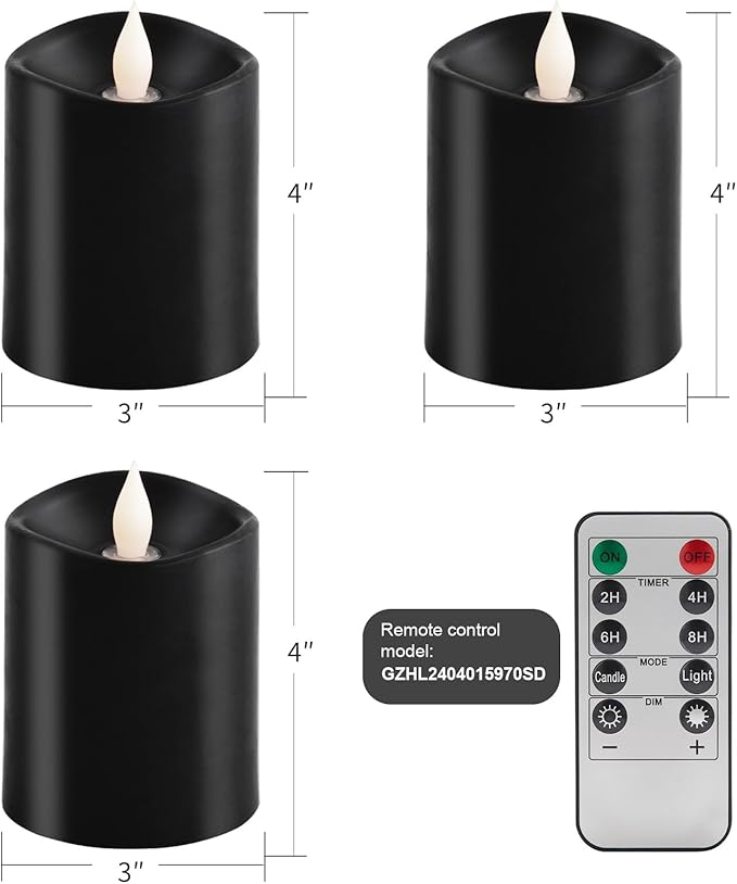 3x4 Flickering Flameless Candles Set of 3, 2AA Battery Life 600 Hours Battery Candles Flickering with Timer,4 inch Flameless Candles with Remote for Home Wedding Party Halloween Decoration, Black