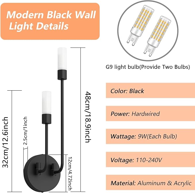 Tipace Black Modern LED Wall Sconce Hardwired Wall Lights Set of 2 Indoor Wall Mount Light with Glass Shade for Living Room Bedroom Hallway Corridor Conservatory Warm White 3000K(with G9 Bulbs)