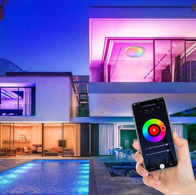 Smart Wifi Ceiling Light, RGB+CCT LED Ceiling Light Fixture, Compatible with Alexa Google Home,16 Million Multi-Color 3000-6500K,for Bedroom, Living Room. (Black, 1 PCS)
