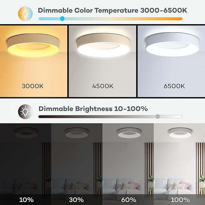 16 Inch RGB Led Flush Mount Ceiling Light with Remote Control, 36w Dimmable Ceiling Lighting Fixture, 3000K-6500K Color Changeable, Modern White, for Bedroom Kids Room