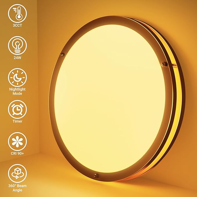 libtit 13Inch Gold Ceiling Light with Remote, Dimmable 5CCT 24W 2400lm Bright LED Flush Mount Lighting Fixture with Timer for Bedroom Kitchen Closets Hallway(3000k/3500k/4000k/5000k/6500k)