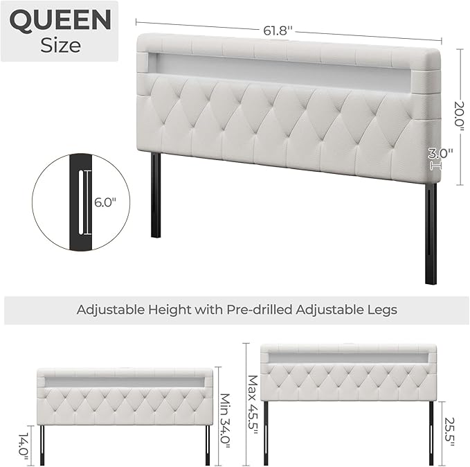 GREENSTELL Headboard for Queen Size Bed with 60,000 DIY Color of LED Light, USB & Type C Post, Attach Frame, Height Adjustable, White Leather Wall Mounted Head Boards Only, Sturdy & Stable, Queen