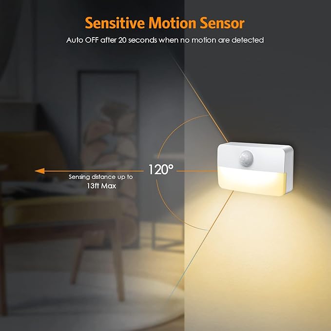 【6 Pack】Motion Sensor Night Light, Stick-On Motion Sensor Lights Indoor, Battery Powered Under Cabinet Kitchen Lights with Adhesive Pads, Auto/On/Off for Cupboard Wardrobe Stair Kitchen Warm White