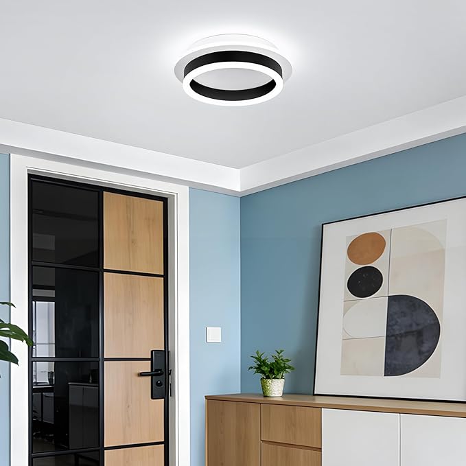 Round Modern LED Flush Mount Ceiling Lamp, 24W LED Light Fixture, Black Small Hallway Ceiling Light for Dining Room, Bedroom, Kitchen, Bathroom, Entryway Lighting (Cool White, 6000K)