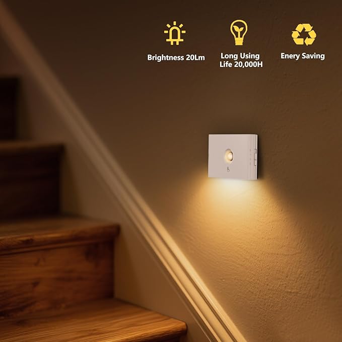 Rechargeable Stair Night Lights Indoor with Motion Sensors, Small Battery Powered Stairway Lights for Bathroom, Hallway, Underbed, Toilet, Magnetic Mount, 4 Pack