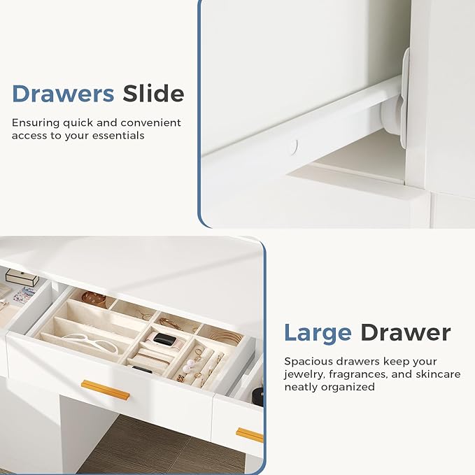 DUMOS Vanity Desk Makeup with Mirror LED Lights, White Table with Power Outlet 3 Drawer & 2 Cabinets, 3 Lighting Modes & Adjustable Brightness, Dressing Tables for Bedroom